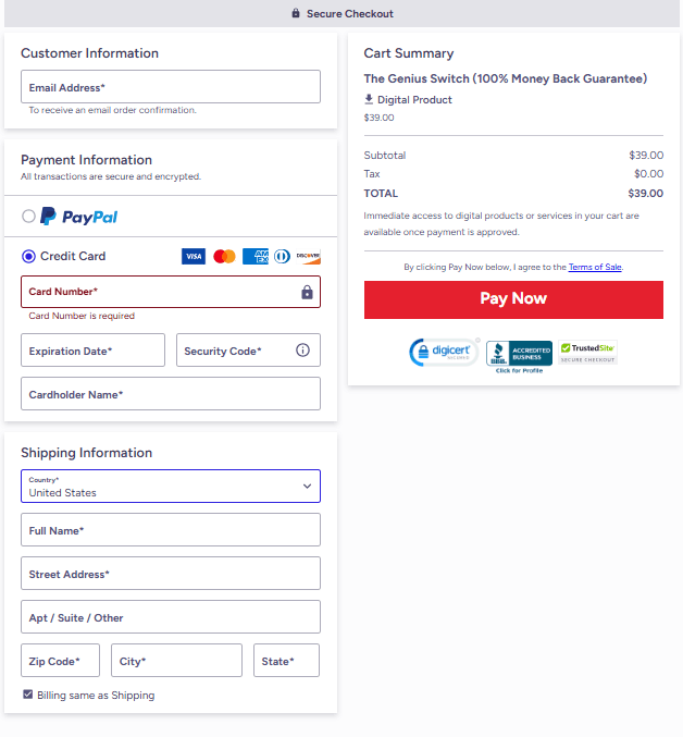 the genius switch  checkout Page